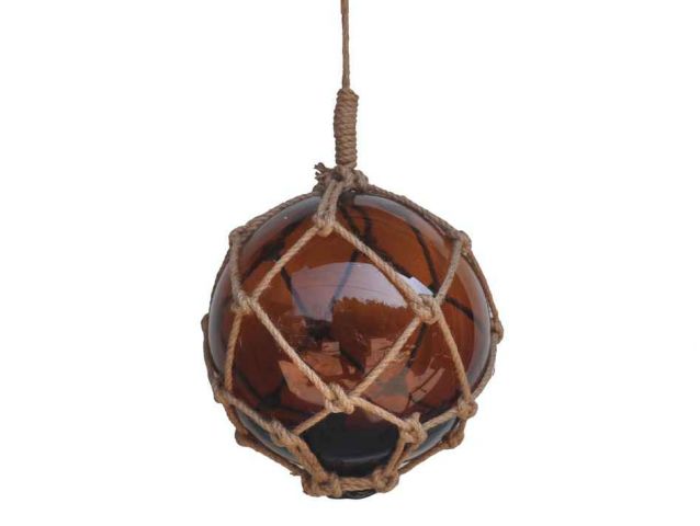 Amber Japanese Glass Ball Fishing Float With Brown Netting Decoration 12